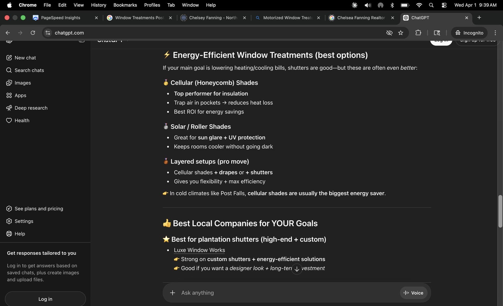 Asked about energy-efficient window treatments, ChatGPT names Luxe Window Works the best local company for custom, high-end shutters and energy-efficient solutions. Captured Apr 1, 2026.