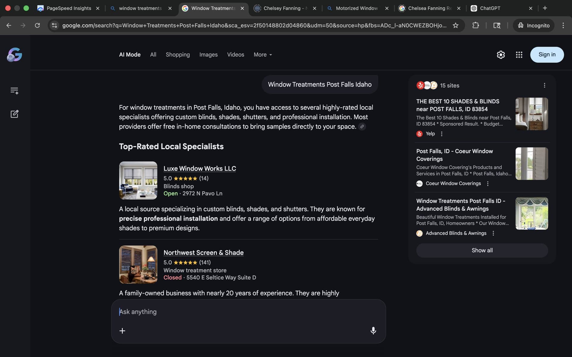 Google's AI Mode answer lists Luxe Window Works LLC first among Top-Rated Local Specialists — 5.0 with 14 reviews — for 'window treatments Post Falls Idaho.' Captured Apr 1, 2026.