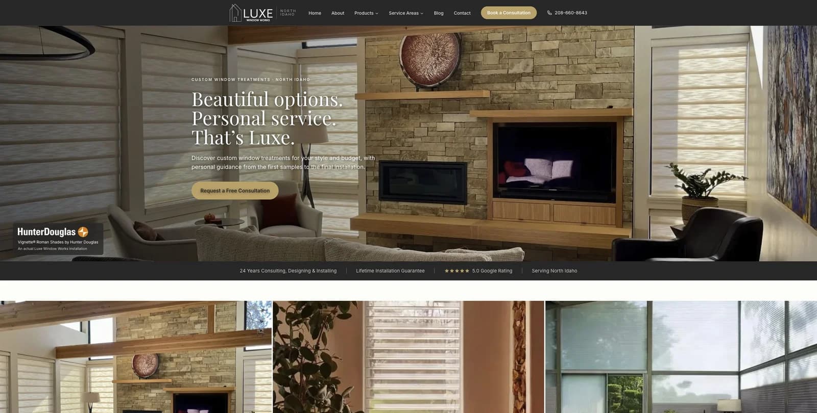 Luxe Window Works website featuring custom Roman shades in a timber-beamed room