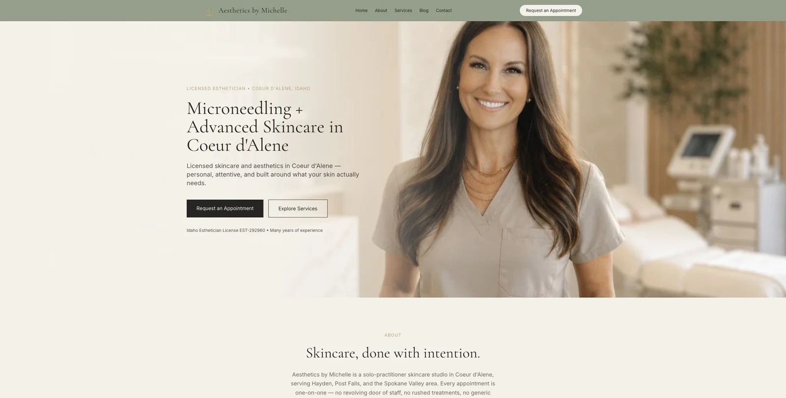 Aesthetics by Michelle website with her studio portrait and skincare introduction