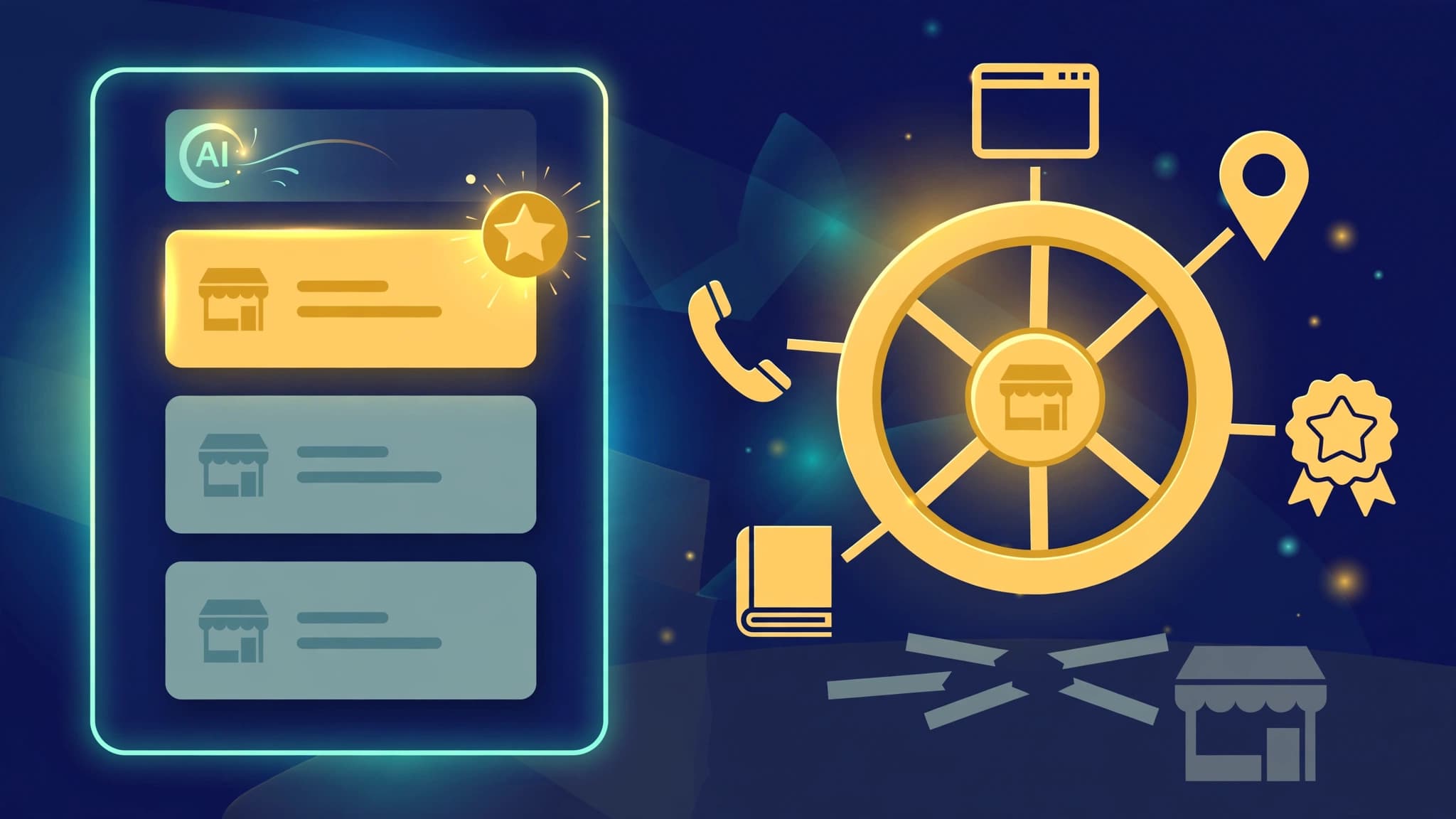 Conceptual illustration of an AI recommendation list naming one business first, beside a connected wheel with a storefront hub and spokes to its website, map listing, phone, directories and reviews, while a second business sits as scattered disconnected spokes.