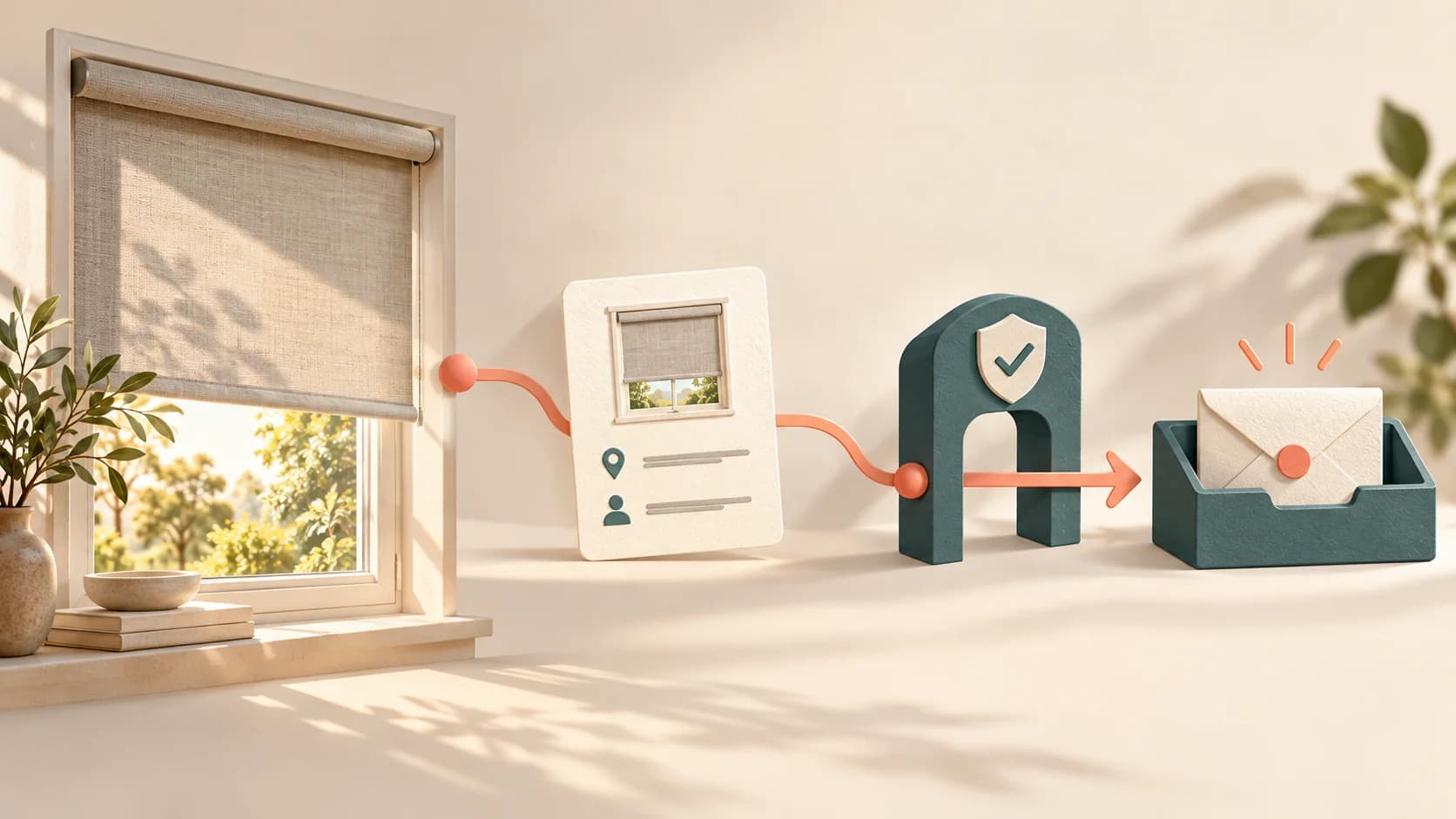 Illustrated window treatment inquiry passing through a permission check into a business inbox.