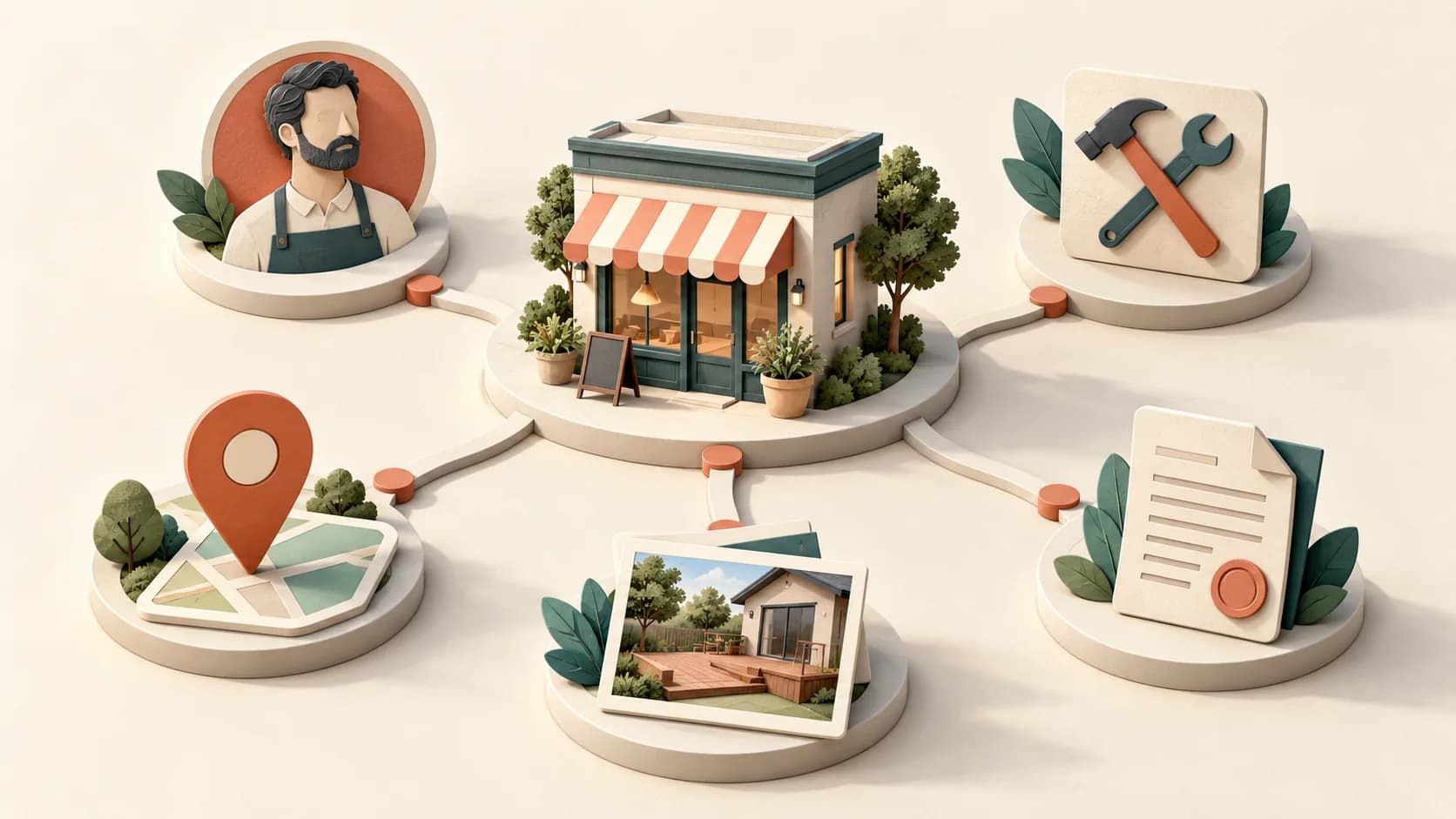 Illustrated business connected to its owner, services, location, project examples and supporting documents.