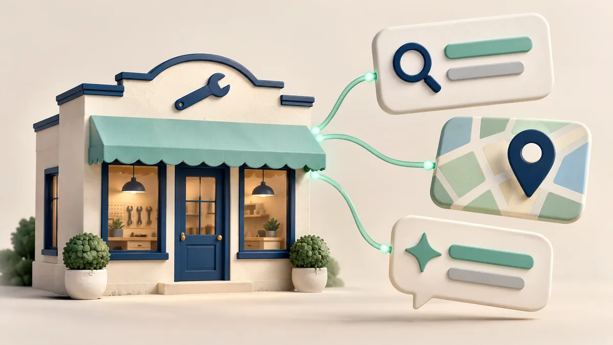 Conceptual local service business connected to search, a map pin and an AI answer bubble.