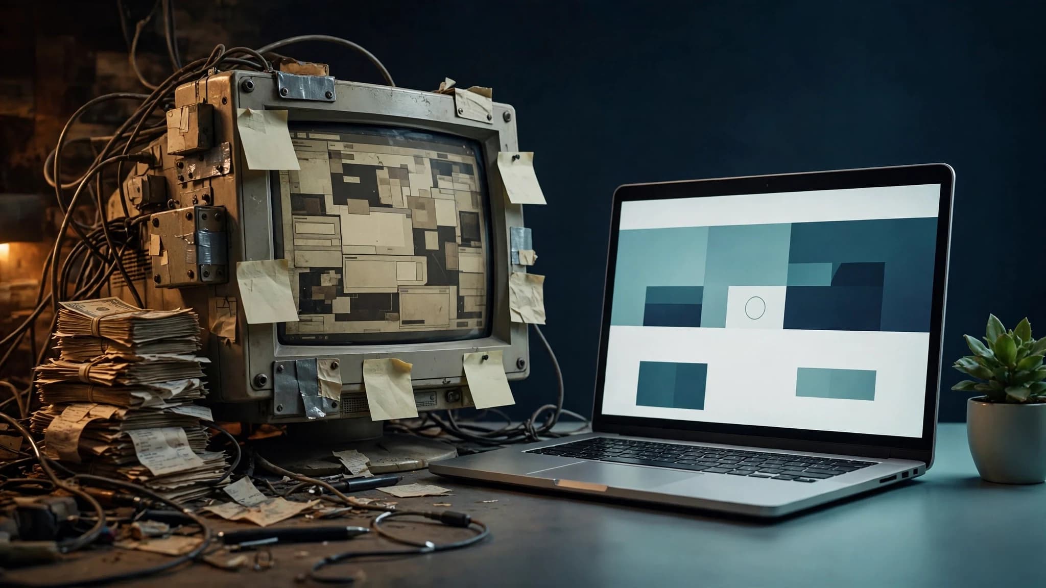 A battered old monitor held together with bolted-on boxes, tape and sticky notes, with stacks of bills beside it, next to a clean modern laptop showing a simple website layout.