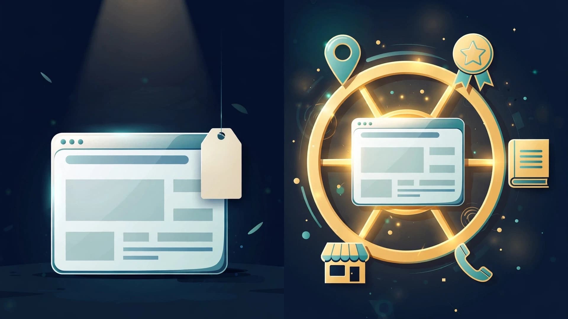 Conceptual illustration contrasting two purchases: a lone website with a blank price tag, and the same website at the center of a connected golden wheel with spokes to a map listing, reviews, directories, phone and storefront.