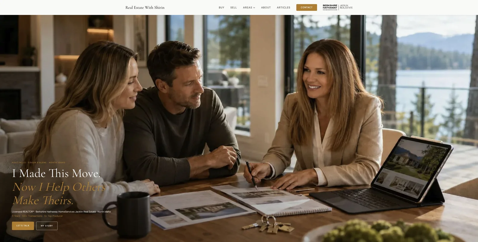 Real Estate With Shirin homepage, with her North Idaho relocation message and a real estate consultation scene.